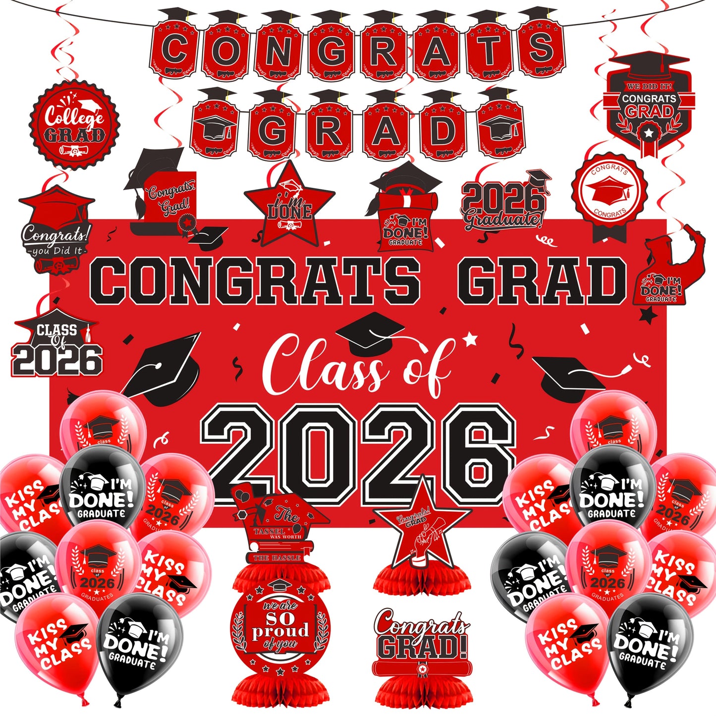 Class of 2026 Graduation Party Decorations – Complete Set with Backdrop Banner Hanging Swirls Balloons & Honeycomb Supplies, 6 Color Options Purple Maroon Blue Red Green Gold