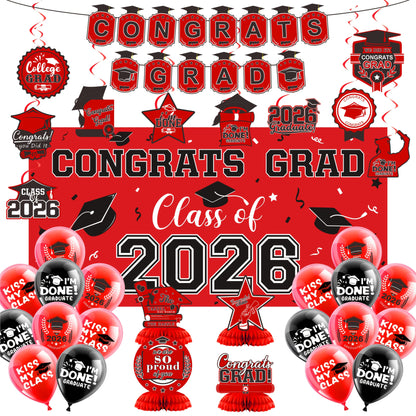 Class of 2026 Graduation Party Decorations – Complete Set with Backdrop Banner Hanging Swirls Balloons & Honeycomb Supplies, 6 Color Options Purple Maroon Blue Red Green Gold