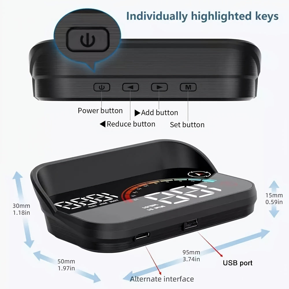 Digital Head Up Display, Windshield Speedometer Projector with Compass, Overspeed Alarm, Mileage Per Trip, Auto Brightness, Compass Direction, HUD Speed Meter Gadgets for Car for All Vehicles, USB Cable Plug & Play