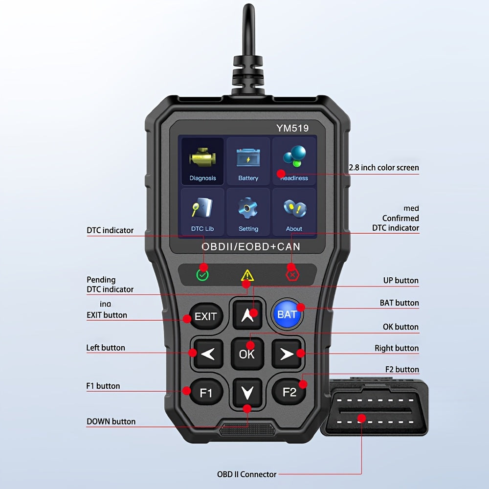 1 Unit YM519 Error Code Scanner OBD2 Code Reader Vehicle Diagnostic Tool Multi-Language Code Reader Engine System Check Battery Tester, Without Battery