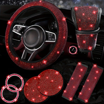 Rhinestone Car Accessories Set for Women 8 Pcs – Bling Steering Wheel Cover Cup Coasters Seat Belt Pads Shift Knob Cover Starter Rings – Multicolor Pink Purple