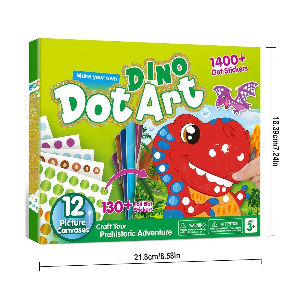 Dinosaur Dot Sticker Art Kit for Kids – 12 Picture Canvases & 1400+ Dot Stickers No Mess Creative Activity, Travel Toy Arts Crafts Birthday Gift Boys Girls Ages 3-8