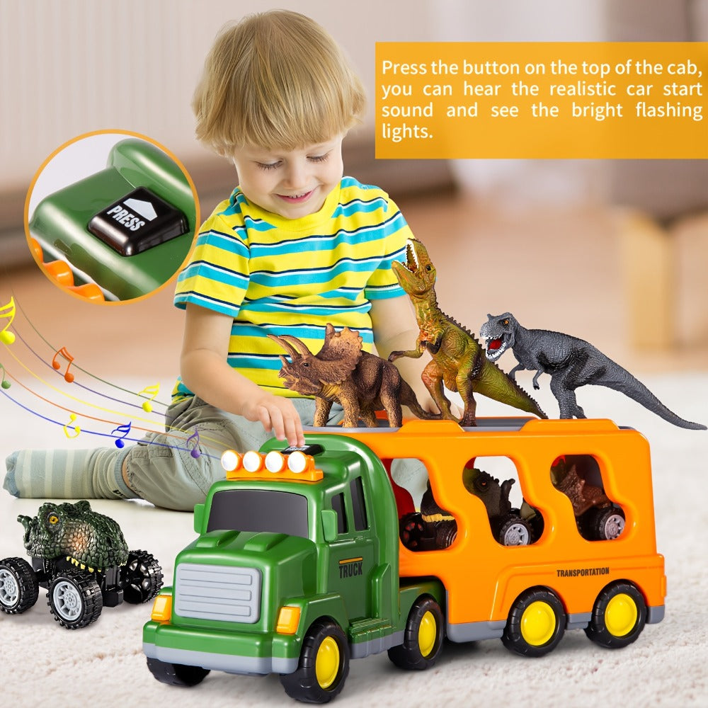 Push-Action Dinosaur Truck Toy 7-in-1 for Kids Ages 3-5 with 3 Dino Figures & 3 Mini Cars – Friction Vehicle LED Lights & Roaring Sound Effects Monster Dino Car Birthday Christmas Gift Boys