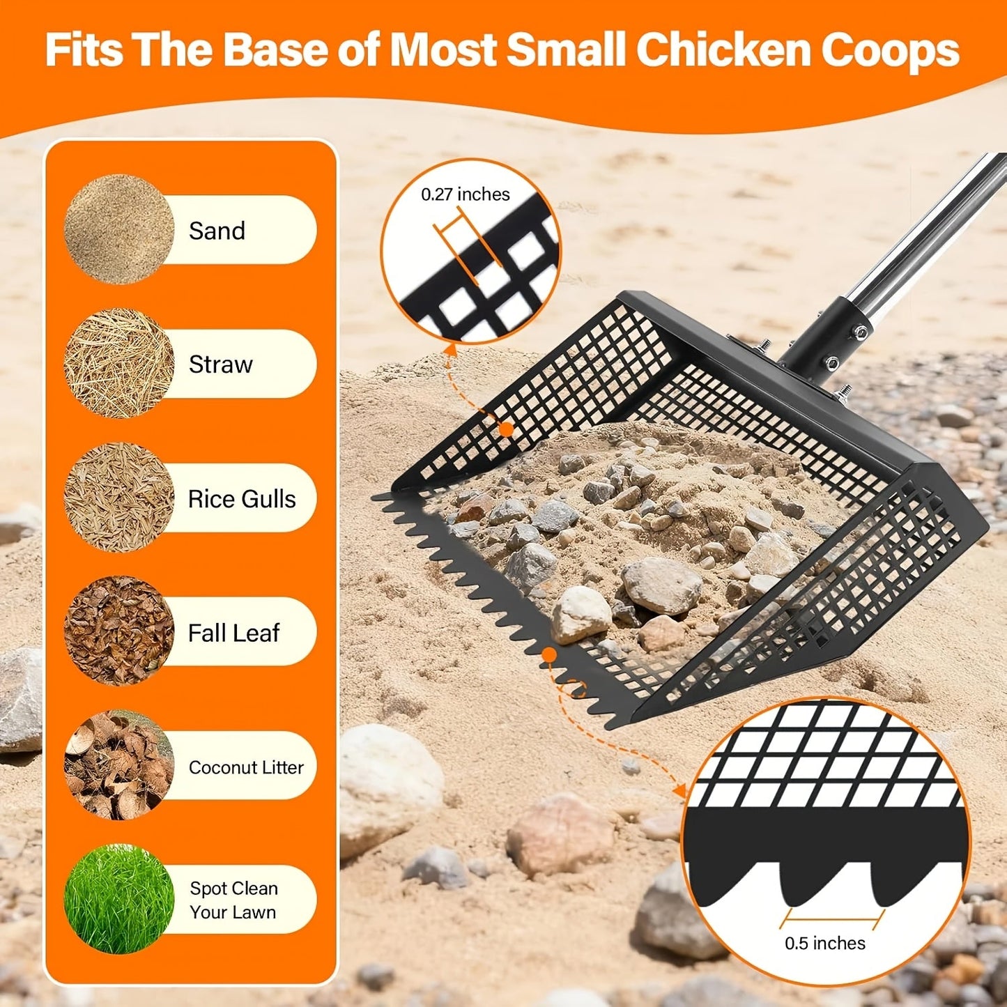 Cat Litter Scooper 2-in-1 Heavy Duty Rake with Adjustable 26–76" Stainless Steel Handle, Shatterproof Sand Sifting Shovel for Litter Box, Chicken Coop, Horse Stable & Barn Stall Cleaning, 13 Inch