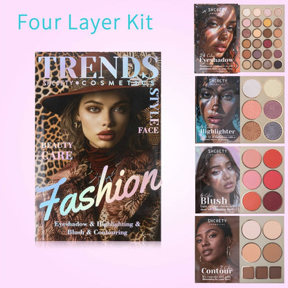 Eyeshadow Palette Book Style SHCOETY 4-in-11 Makeup Kit | 24-Color Eyeshadow + 6-Color Highlighter + 6-Color Blush + 7-Color Contour | Folding Magazine Design | All Skin Tones