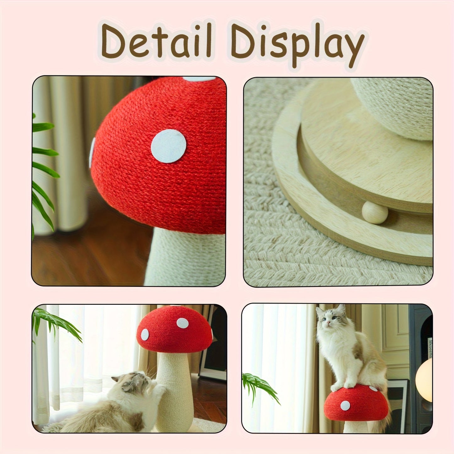 Cat Scratching Post Mushroom Sisal Board with Spinning Ball Track Interactive Toy for Cats and Kittens Stable Non-Slip Base Large