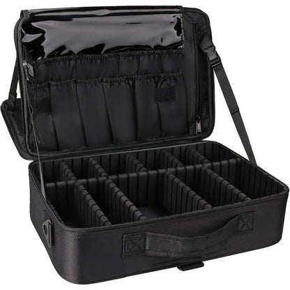 Professional Makeup Train Case 3-Layer 15.8 Inch Large Cosmetic Organizer with Adjustable Dividers Brush Holder Shoulder Strap for Makeup Artist Travel Studio Black