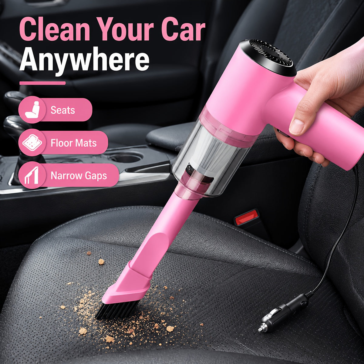 Stylish Pink Car Vacuum Cleaner, Equipped with a 12V Power Supply Output. Easily Cleans Your Beloved Car, Very Suitable for Women, And Makes an Excellent Choice for Your Beloved Vehicle, Without Battery