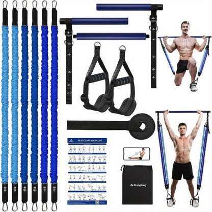 Natural Latex Pilates Bar Kit with Resistance Bands 20-360 lbs – Stainless Steel Handle, Adjustable Length for 5'3"-6'2", Full Body Home Gym Workout for Women & Men
