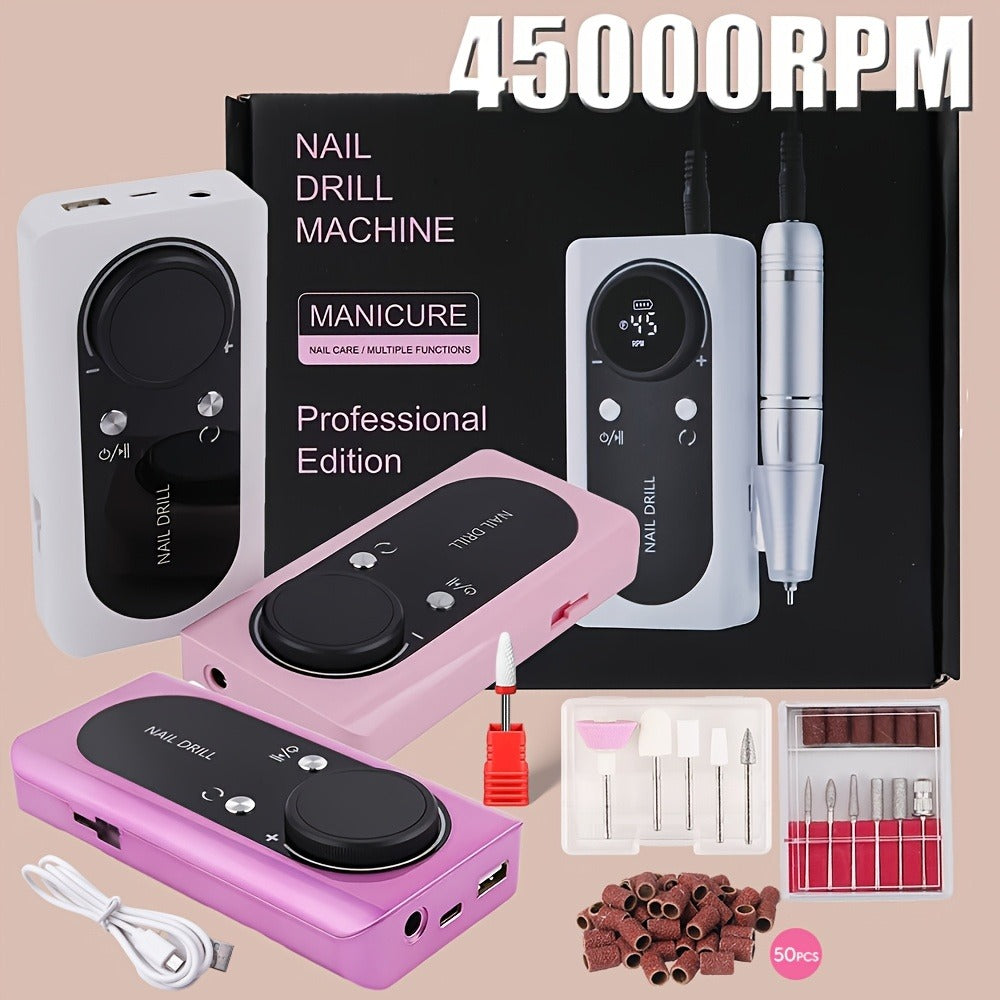 Low Noise Nail Drill Machine 45000RPM Rechargeable with LCD Display — Quiet Electric E-File for Gel Polish Acrylic Natural Nails, Professional Cordless Nail Sander for Home & Salon Manicure, White Purple Pink