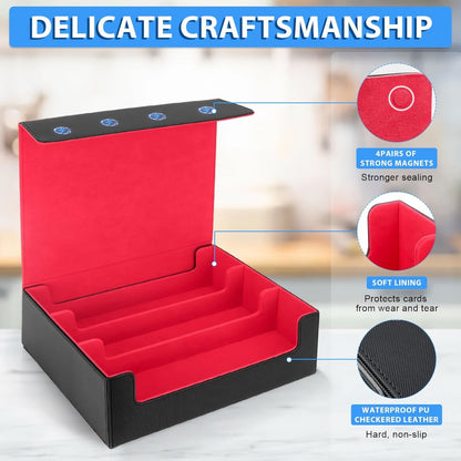 Large TCG Deck Box 3000+ Card Storage Case – 4-Row Synthetic Leather Organizer for MTG Commander, Yu-Gi-Oh, Pokemon & Sports Cards, Premium Large Capacity Trading Card Collection Box, Black Red Gray Blue