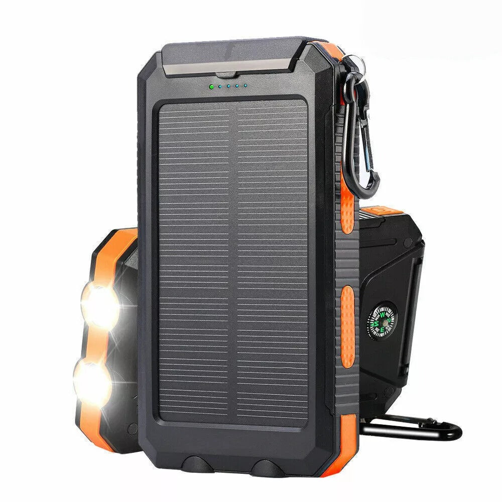 Portable Solar Charger 20000mAh – Dual USB, LED Flashlight & Compass