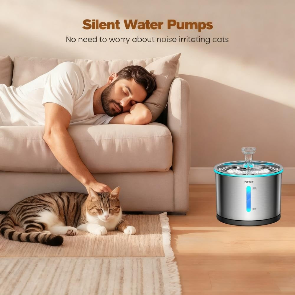 Cat Water Fountain Stainless Steel 50oz/1.5L - Ultra Quiet Auto Pet Water Dispenser with LED Light, Visible Window & Dishwasher Safe - Includes Replacement Filters for Cats & Dogs Indoor