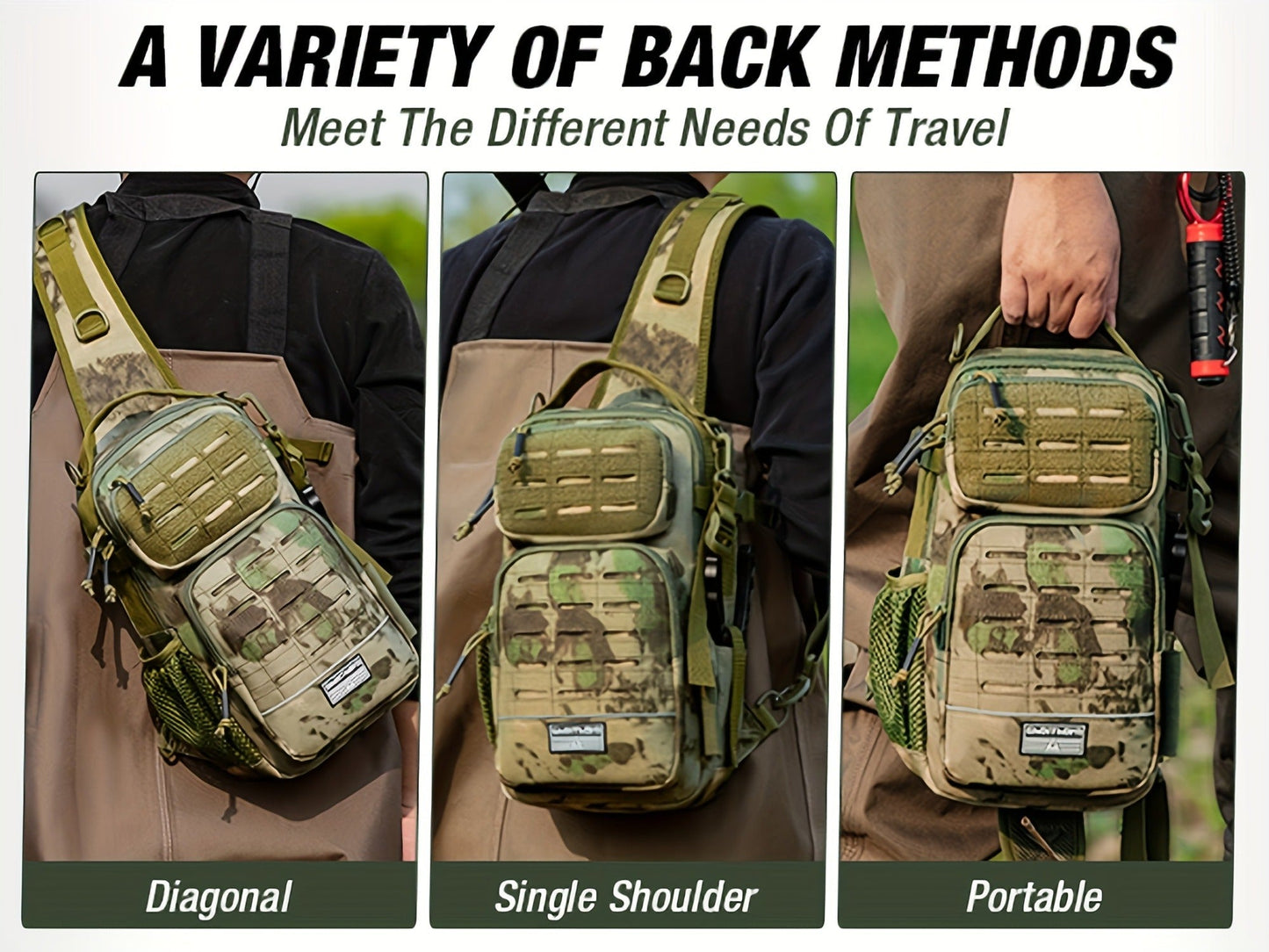 Camouflage Fishing Shoulder Bag with Zipper – Tactical Outdoor Gear Bag for Fishing Tackle, Hunting & Camping, Multi-Pocket Crossbody Bag, Available in Green Camo, Black Camo, Black & Khaki, Gift Box Option