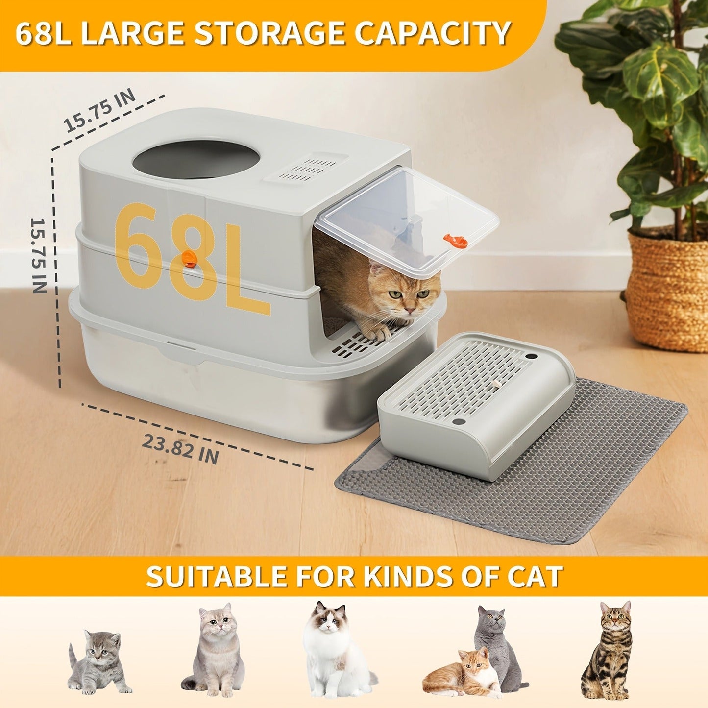 Stainless Steel Cat Litter Box with Lid - Extra Large 68L Enclosed & Semi-Open Modular System, 304 Steel Non-Stick Easy Clean, Charcoal Filter, Litter Mat & Scoop Included, Indoor XL Pet Toilet