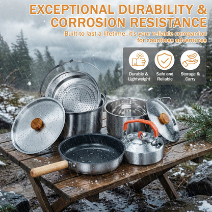 Backpacking Cookware Mess Kit 19/27pcs – Non-Stick Pot Pan Kettle with Stainless Steel Cutlery, Lightweight Camping Cook Set for Open Fire, Hiking & Outdoor Cooking