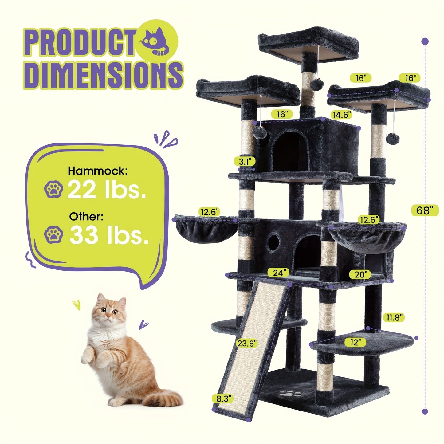 Cat Tree Tower Multi-Level for Indoor Cats - Cat Furniture with Sisal Scratching Posts, Plush Perches, Hammock, Basket & Corner Condo Cave, Hanging Toys & Climbing Ramp, Multiple Sizes & Colors