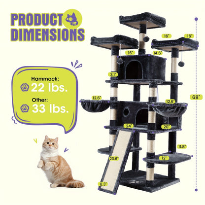 Cat Tree Tower Multi-Level for Indoor Cats - Cat Furniture with Sisal Scratching Posts, Plush Perches, Hammock, Basket & Corner Condo Cave, Hanging Toys & Climbing Ramp, Multiple Sizes & Colors