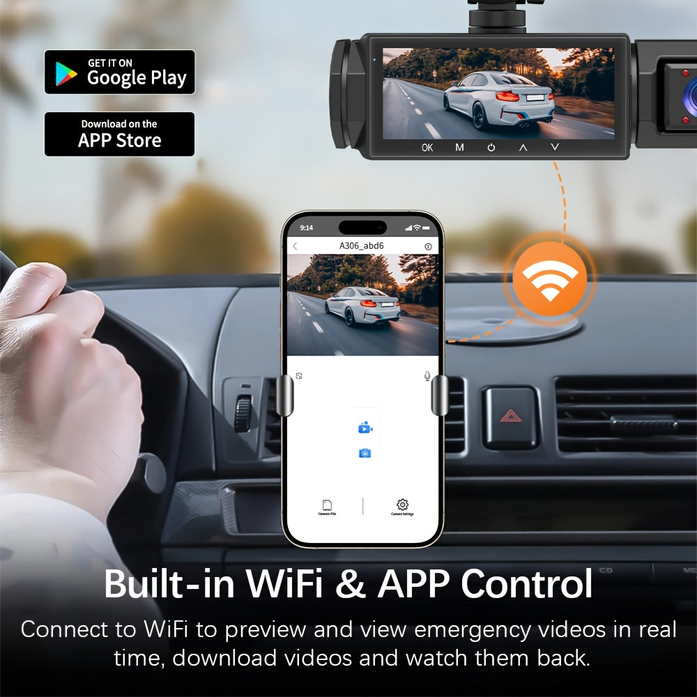 1080P Dash Cam with 3 Cameras Front Built-In Rear Infrared Night Vision 170° Wide-Angle Built-In Audio 32GB Card Connection to Smartphone Loop Recording G-Sensor 24 Parking Monitor