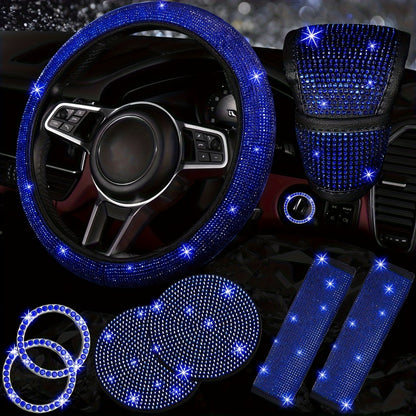 Rhinestone Car Accessories Set for Women 8 Pcs – Bling Steering Wheel Cover Cup Coasters Seat Belt Pads Shift Knob Cover Starter Rings – Multicolor Pink Purple