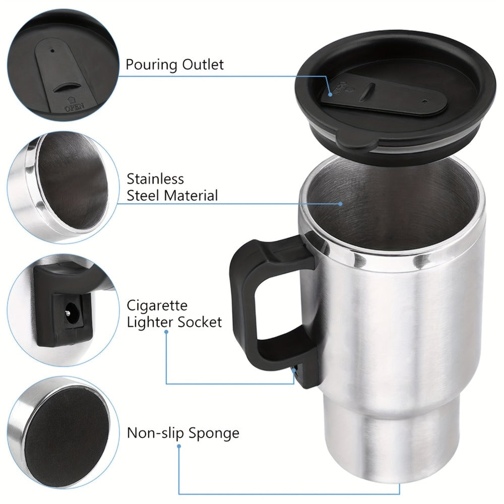 Car Electric Kettle 12V 60W 450ml Stainless Steel Keep Warm 65C Portable Heating Thermos Cup for Trucks Sedans Travel Tea Coffee Gift for Drivers Men Fathers