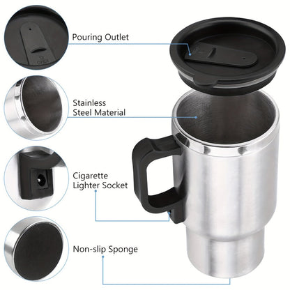 Car Electric Kettle 12V 60W 450ml Stainless Steel Keep Warm 65C Portable Heating Thermos Cup for Trucks Sedans Travel Tea Coffee Gift for Drivers Men Fathers