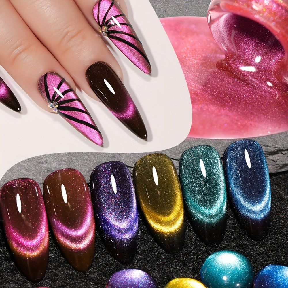 Dopamine Cat Eye Gel Polish Set 6 Colors Magnetic Shiny Glossy UV LED Nail Art Kit with Photo Frame Bottle for Salon DIY Manicure Spring Summer Vibrant Reflective Long Lasting Nail Design