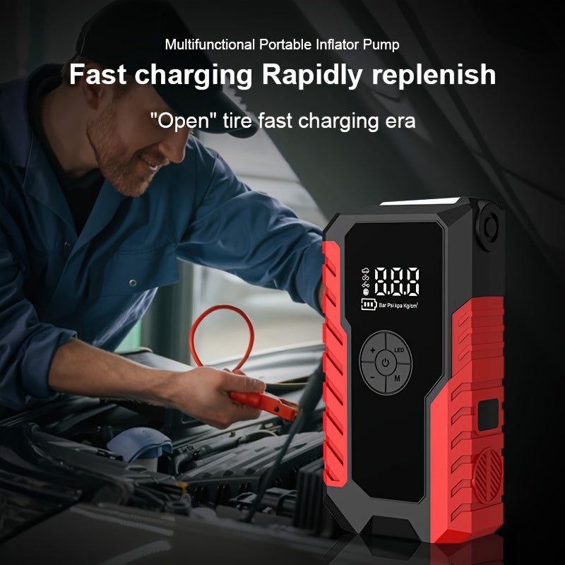 10000A 7-In-1 Multifunctional Emergency Jump Starter with 150PSI Air Pump, Digital Tire Inflator, Portable Car Battery Charger, Up to 2.64gal Gas/2.38gal Diesel, LED Emergency Light & USB Charging, Car Emergency Tool. Suitable As a Holiday Gift