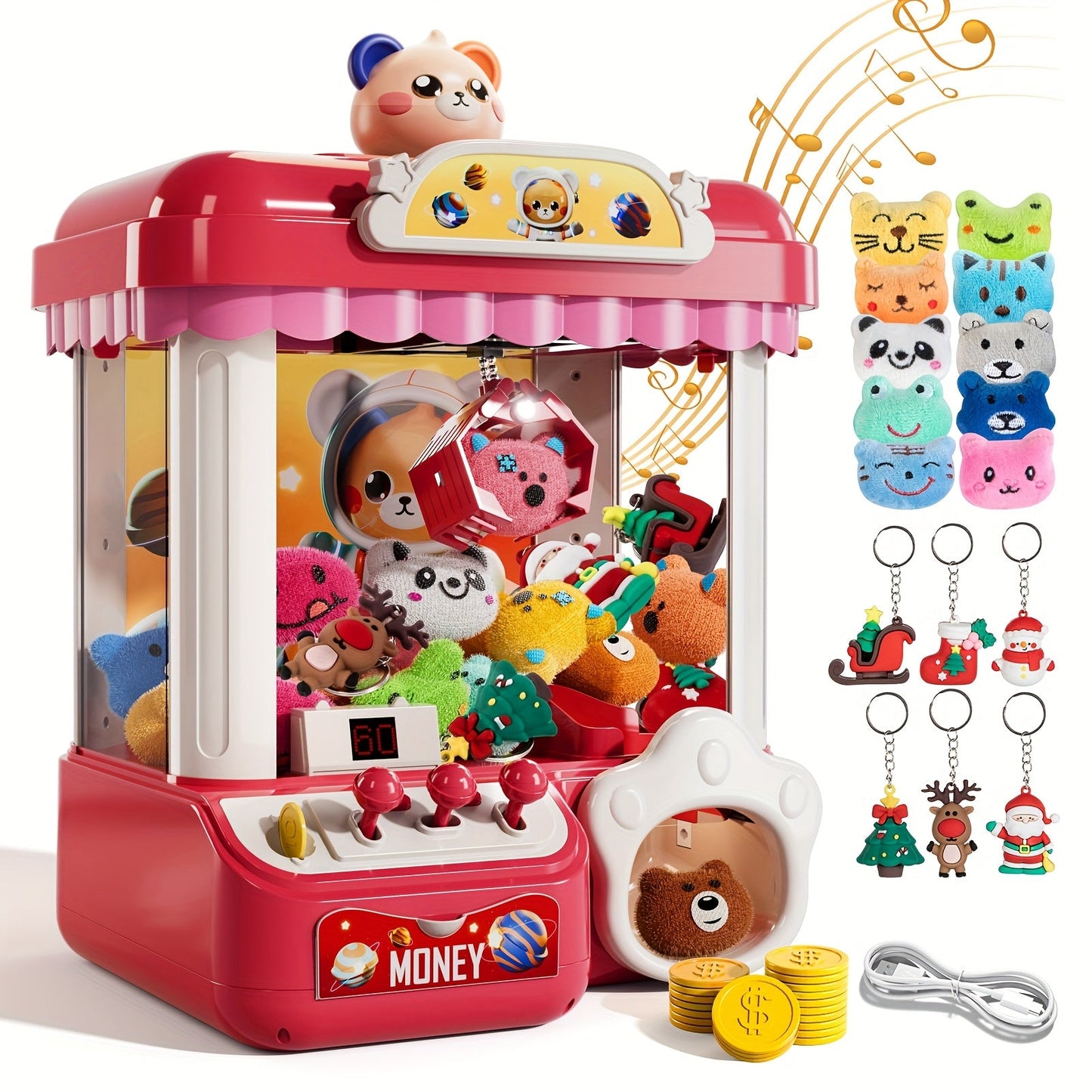 Mini Claw Machine for Kids with Lights Music Pink – Large 16.9" Arcade Claw Toy with 20 Coins 16 Plush Dolls USB Cable, Fun Birthday Christmas Gift for Girls Boys Ages 3 6 8 10+