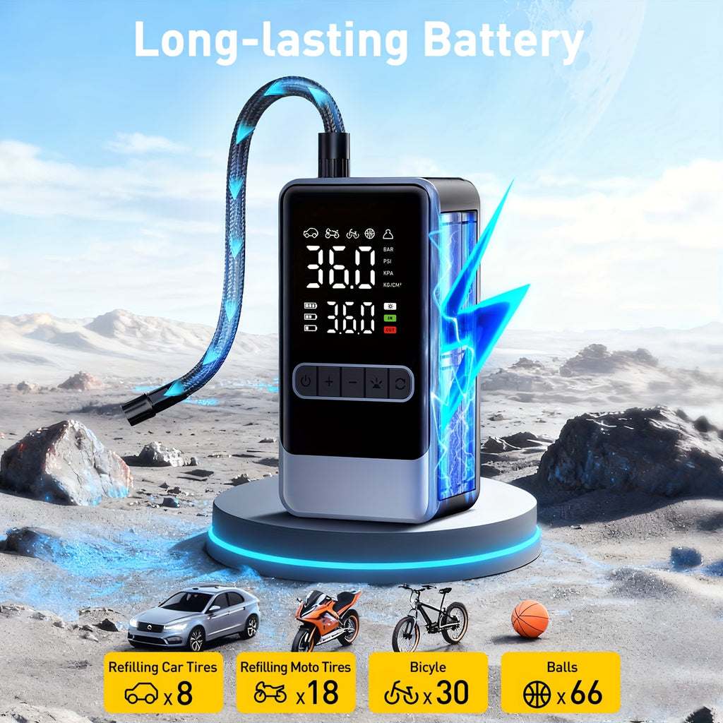 Portable Air Compressor | 150PSI Cordless Tire Inflator with Digital Pressure Gauge and LED Light, USB Charging, Quick Charge, Lithium Polymer Battery, for Car, Moto, Bicycle, Roadside Assistance and Emergency Support in All Terrains
