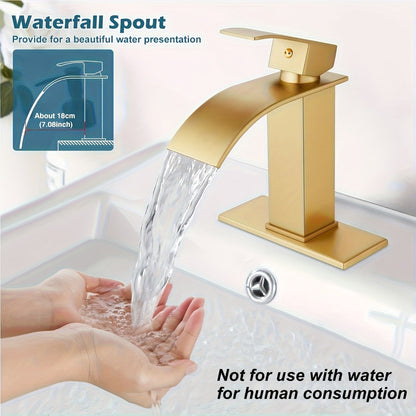 Waterfall Bathroom Sink Faucet, Single Hole or 3-Hole Mixer Tap with 6" Deck Plate, Ceramic Valve, Vanity Faucet for Farmhouse RV Bathroom, Brushed Gold Matte Black Nickel Chrome