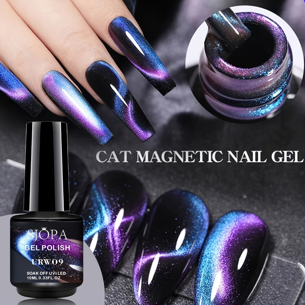 Magnetic Cat Eye Gel Nail Polish 9D Holographic Rainbow Glitter Blue & Purple — LED UV Soak-Off Gel Polish Paraben-Free Water-Based Formula, Salon & DIY Home Manicure Nail Art Gift for Women (0.34oz / 10ml)