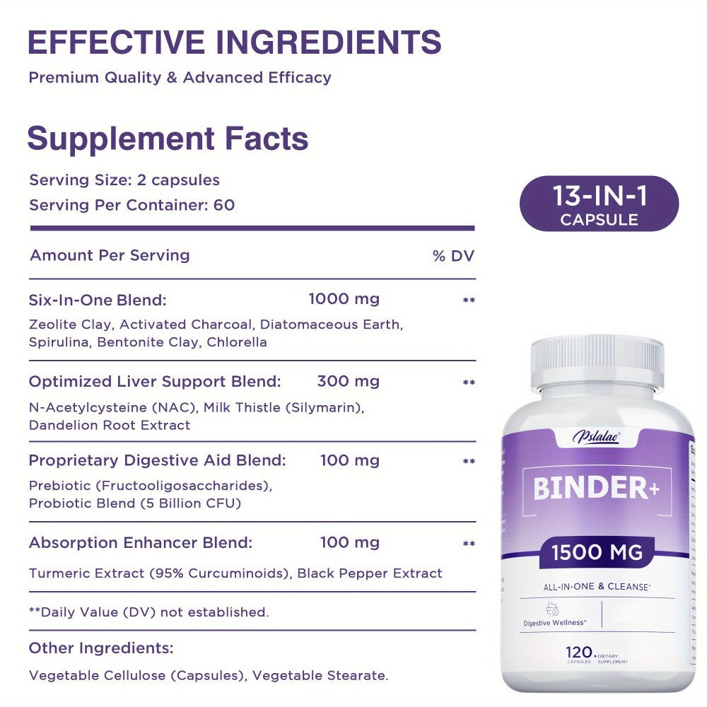 13-in-1 Binder Supplement 120 Capsules – Activated Charcoal, Zeolite & Bentonite Clay – Liver & Gut Health Support for Digestive Detox & Cleanse – Daily Wellness Formula