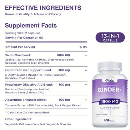 13-in-1 Binder Supplement 120 Capsules – Activated Charcoal, Zeolite & Bentonite Clay – Liver & Gut Health Support for Digestive Detox & Cleanse – Daily Wellness Formula
