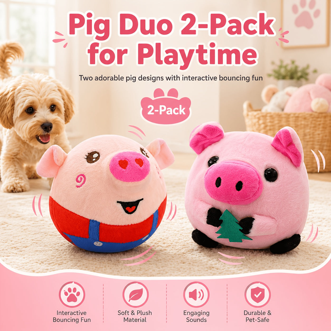 Electronic Bouncing Dog Toy with Animal Sound - USB Rechargeable Interactive Rolling Ball, Voice Recording & Music Mode, Washable Motion Sensor Toy for Small Medium Dogs & Puppies
