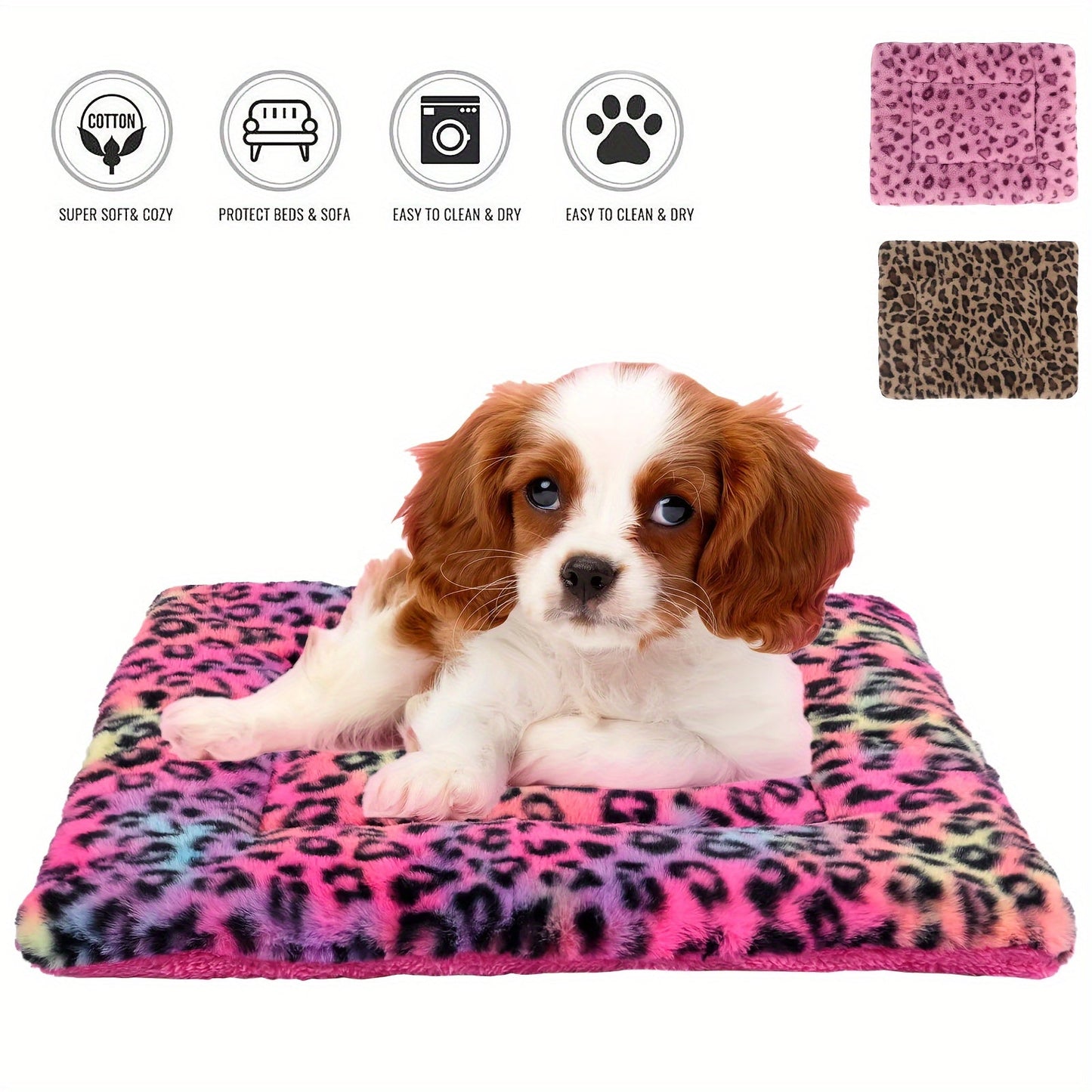 Reversible Plush Pet Mat Leopard Print Fleece Soft Warm Dog Cat Bed Pad Anti-Slip Machine Washable for Crate Car Sofa Floor Small Medium Large Breeds S M