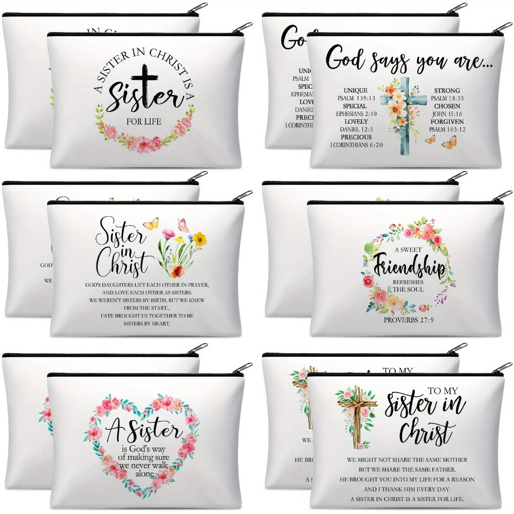 Sisters in Christ Makeup Bag Set 12 Pcs Inspirational Christian Cosmetic Bags Faith-Based Gift for Women Birthday Valentine Mother's Day Secret Sister Church Group