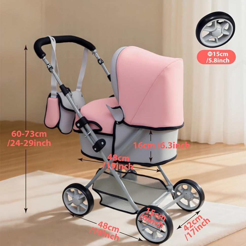 Foldable Doll Stroller with Adjustable Handle 39-68cm – Grey & Pink Baby Doll Pram for 16-20 Inch Dolls, Storage Basket & Shoulder Bag Included, Ergonomic Role-Play Gift for Girls Ages 3+