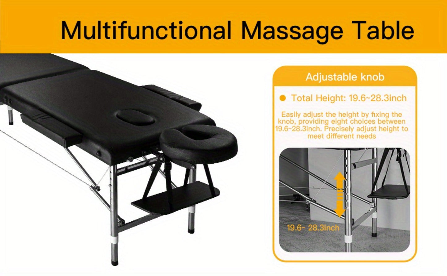 Portable Massage Table Folding Aluminum Frame PU Leather Adjustable Height 3-Section Spa Bed for Lash Extensions Esthetician Tattoo Facial Waxing Home Salon Use with Carrying Bag