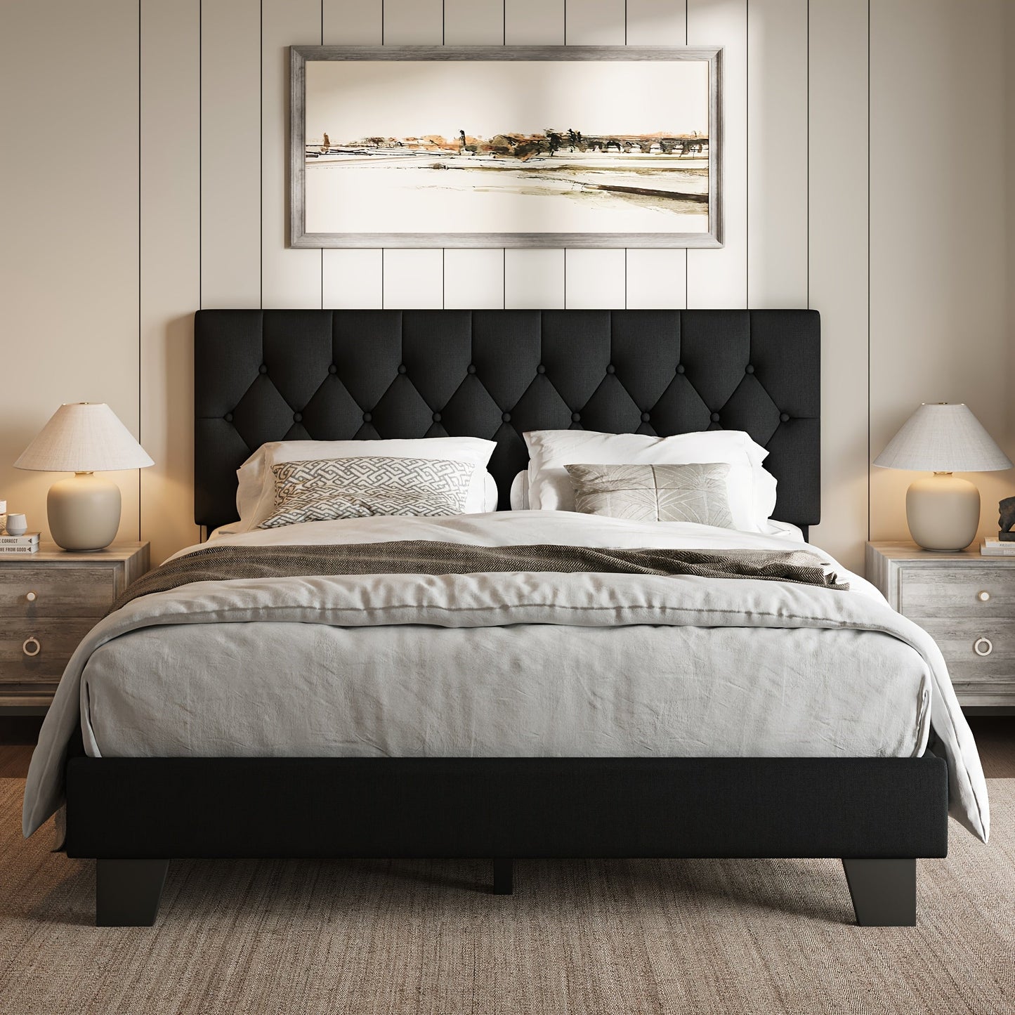 Bed Frame shown in the Balck-Full, Button Tufted option