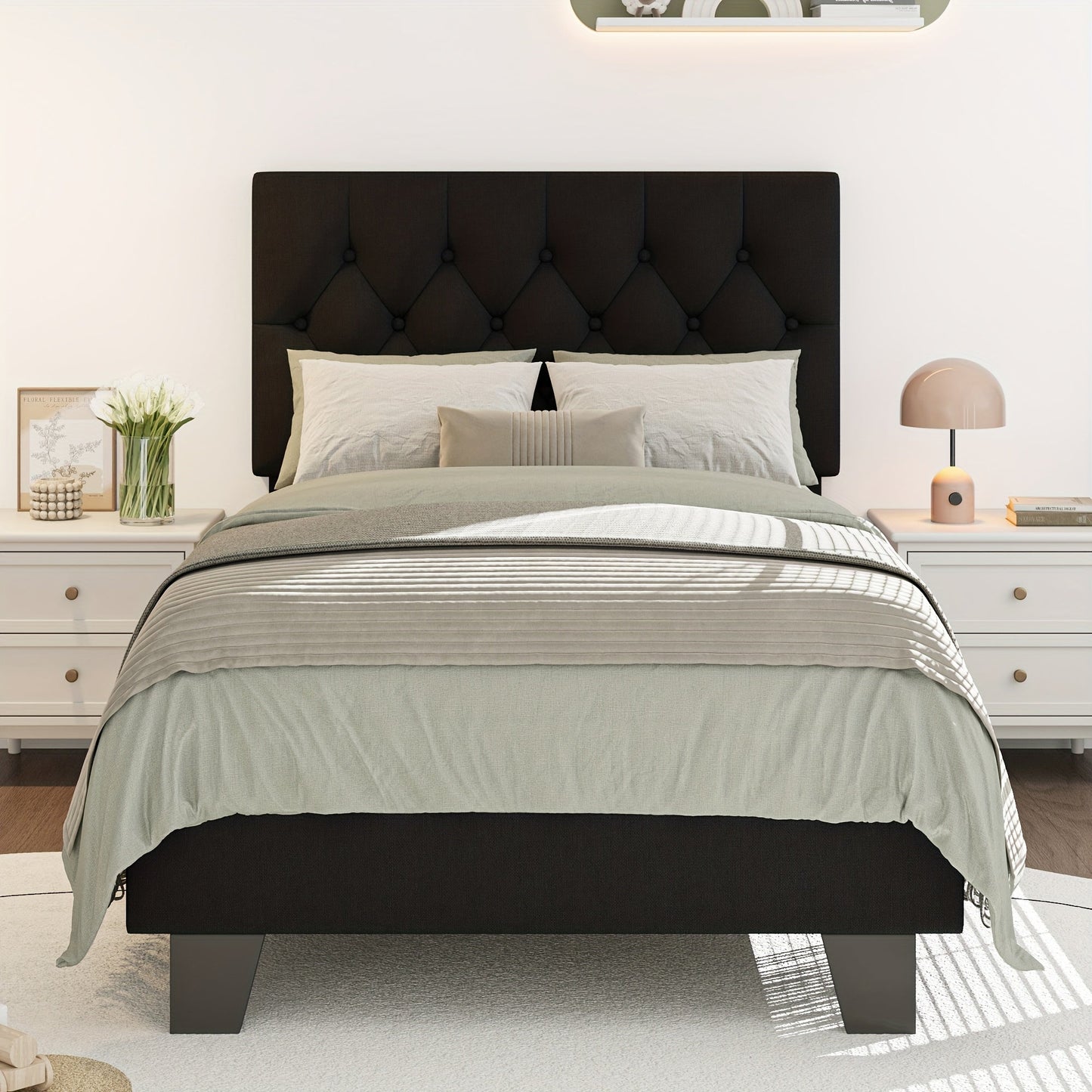 Bed Frame shown in the Balck-Twin, Button Tufted option