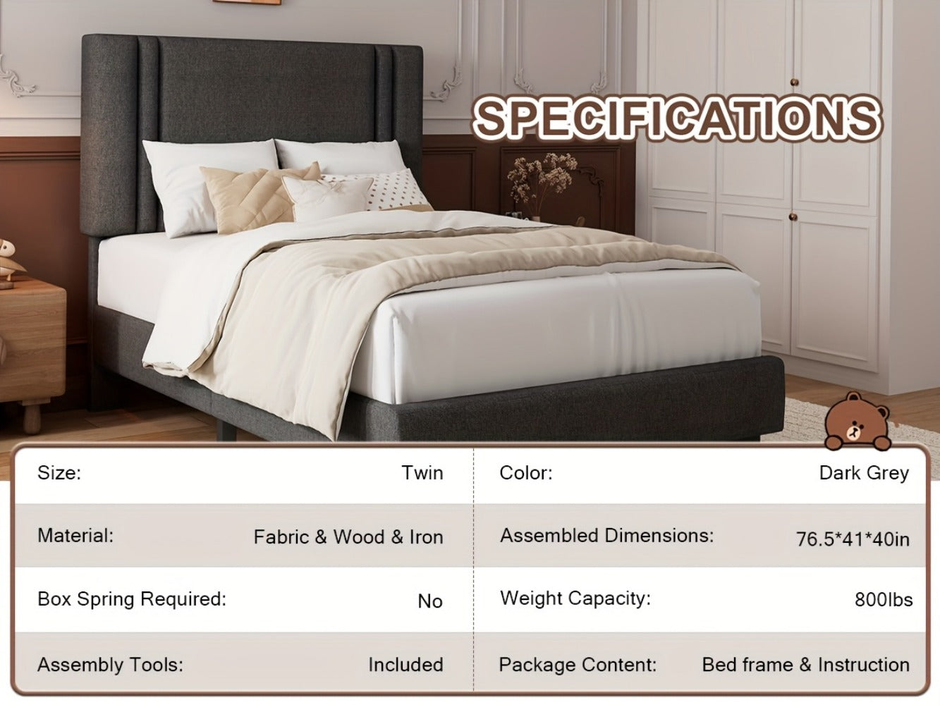 21-Inch Solid Wood Bed Frame with Tufted Back and No Box Spring Needed for Bedroom detail image - detail view 22