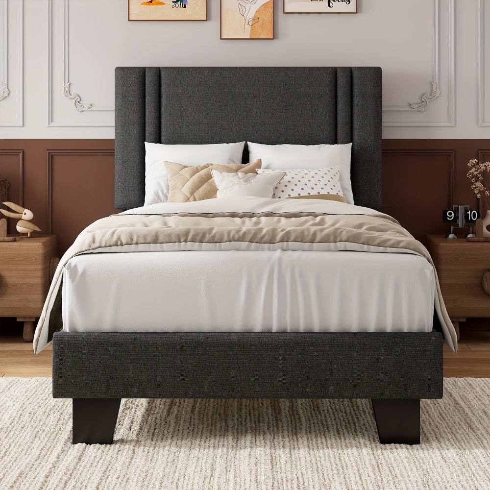 Bed Frame, Platform with 21 Inch Soft Padded Headboard Striped or Button Tufted Solid Wood shown in the main product view