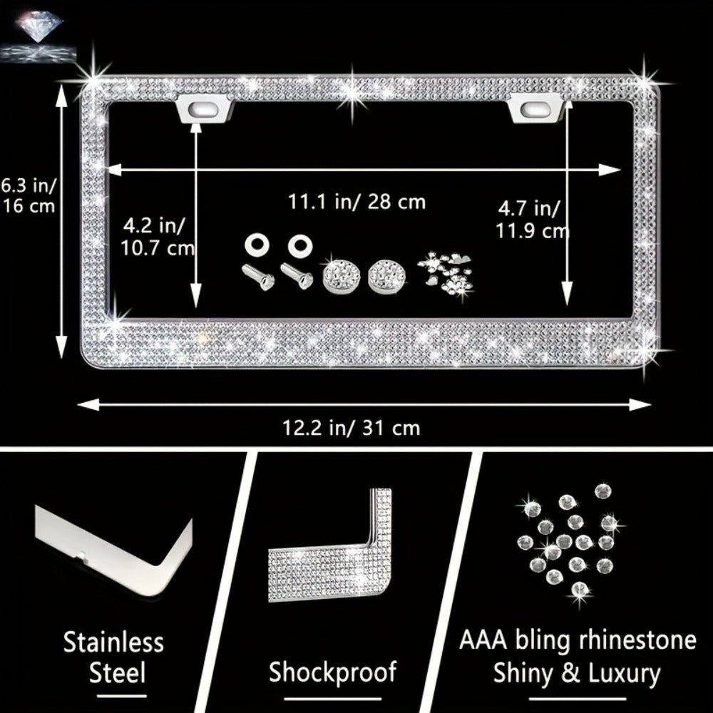 Bling Car Accessories Set 27pcs - Glitter Steering Wheel Cover 15 Inch, Bling License Plate Frame, Phone Holder & Car Coasters for Women & Men