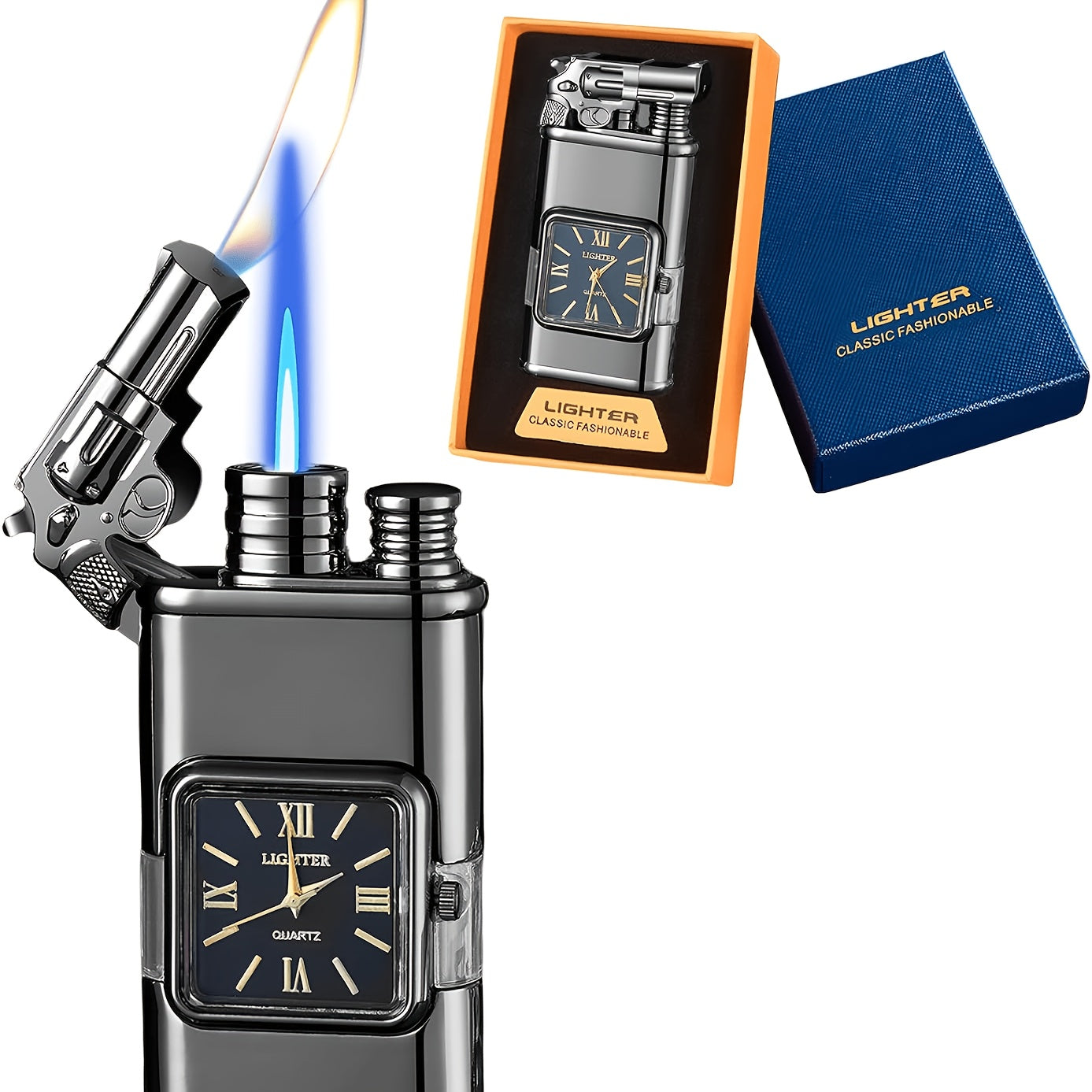 Double Flame Retro Metal Lighter Windproof Refillable Butane Outdoor Portable Quartz Ignition Dragon Eagle Gun Type Ice Golden Bronze Mahogany Creative Men Gift Box Packaging