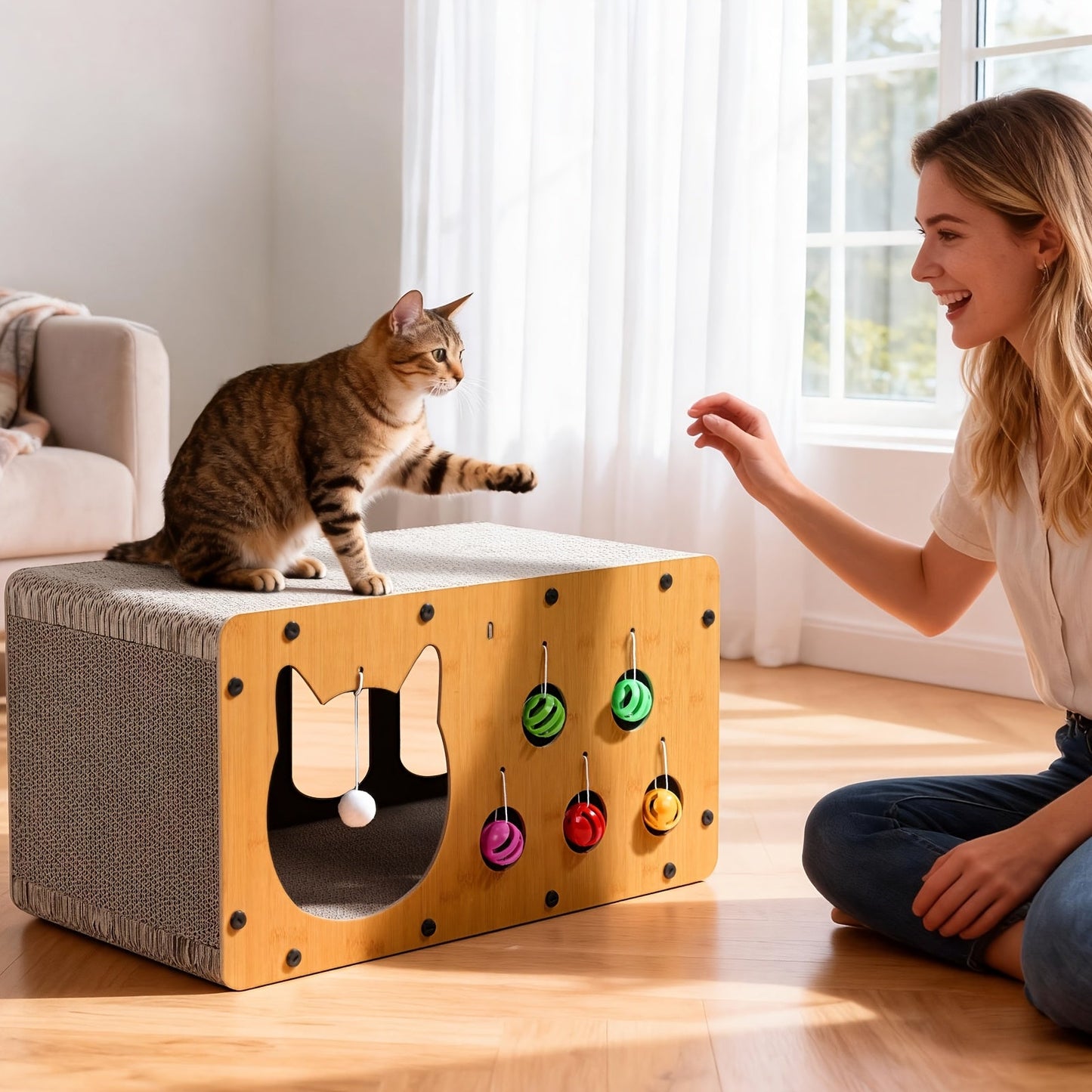 Cat Scratching Board with Interactive Rolling Ball – Multifunctional Cat Furniture for Scratching Playing & Resting, Sturdy Breathable Design, Perfect Cat Toy Gift for Indoor Cats
