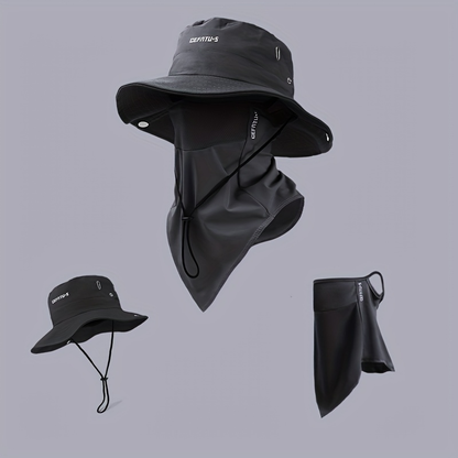 Wide Brim Sun Hat with Face Mask 2-Set UV Protection Foldable Fishing Hat, Breathable Drawstring Outdoor Cap for Beach, Fishing, Hiking & Outdoor Work, Unisex Men & Women, Black Gray Khaki