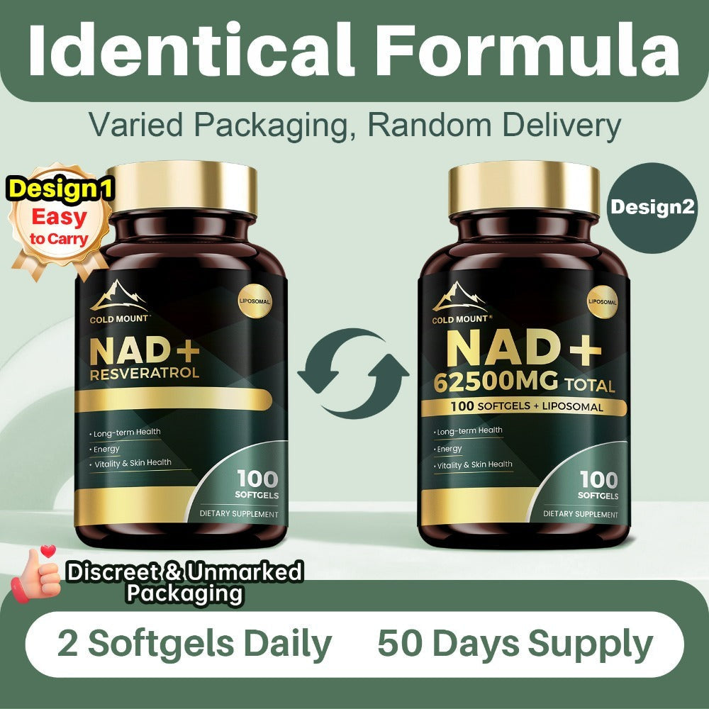 NAD+ Supplement 62500mg with Nicotinamide Riboside & Trans-Resveratrol — Healthy Aging, Brain Health, Memory & Focus Support | Sirtuin Activator | 100 Softgels 50-Day Supply | 1-3 Bottle Options
