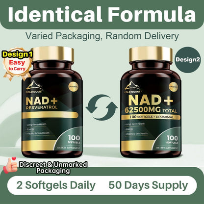 NAD+ Supplement 62500mg with Nicotinamide Riboside & Trans-Resveratrol — Healthy Aging, Brain Health, Memory & Focus Support | Sirtuin Activator | 100 Softgels 50-Day Supply | 1-3 Bottle Options
