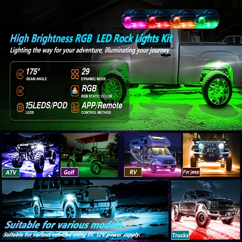 8pcs And 4pcs - 15 LED/8 Pods Metal Alloy Upgraded LED Rock Lights, Suitable for Trucks, RGB LED Rock Lights with APP/music Mode, Suitable for Jeeps, Trucks, UTVs, SUVs And Golf Carts, Neon Light Chassis Kits for Backlights, Car Accessories